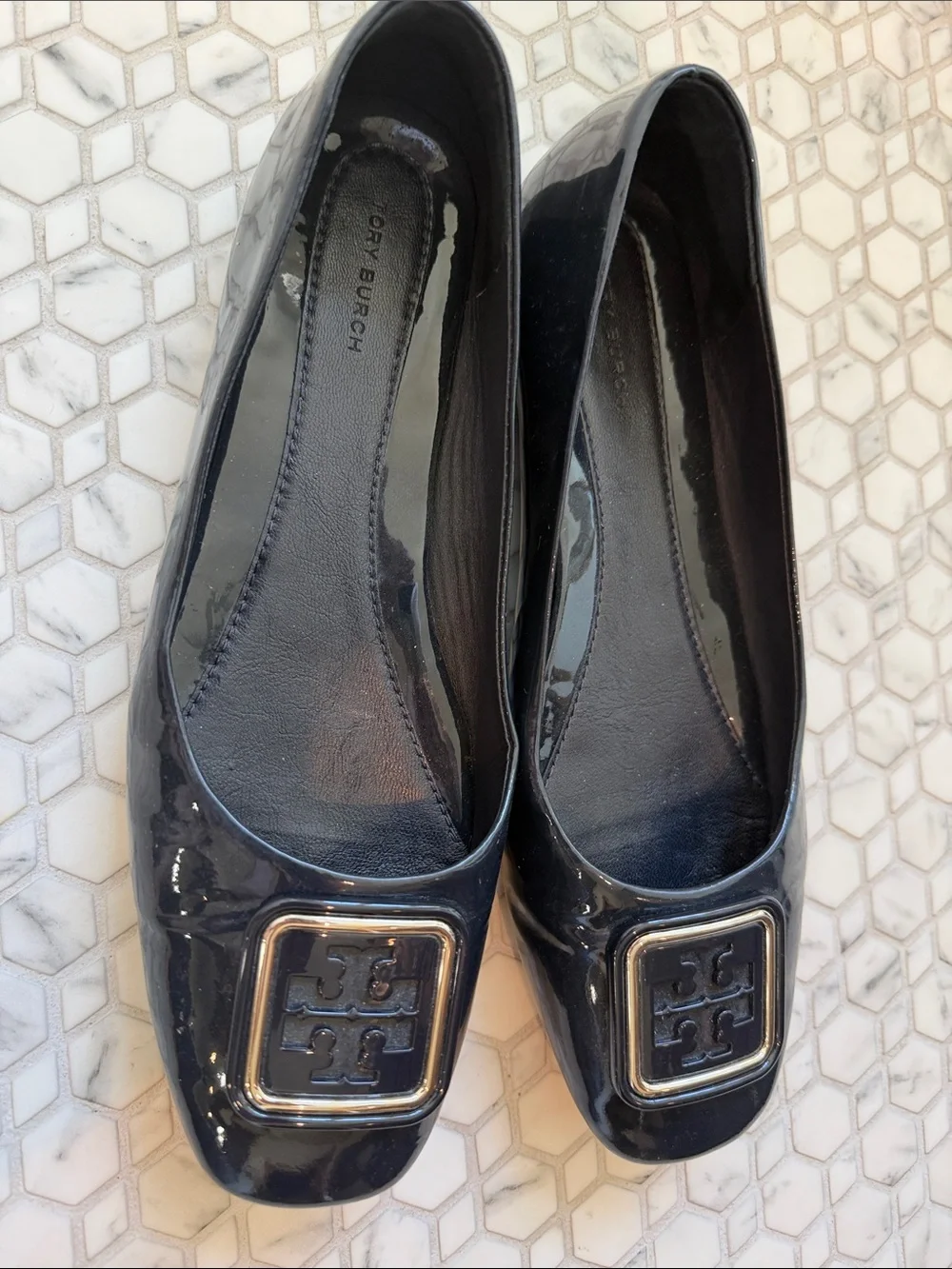 Tory Burch Navy Patent Logo Square-Toe Flats